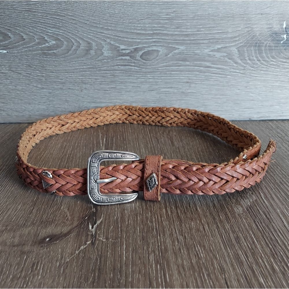 Braided Arrow Stud Belt Brown Plaited Leather Silver Tone Etched Buckle